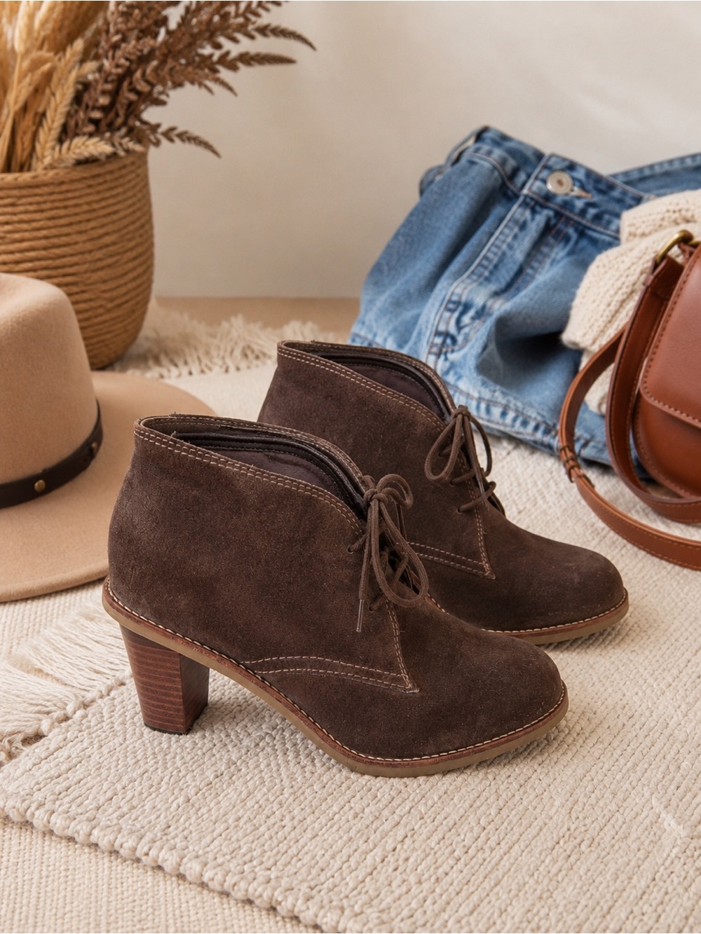 J.Jill Brown Suede Lace-Up Ankle Booties | Stacked Heel | Size 7